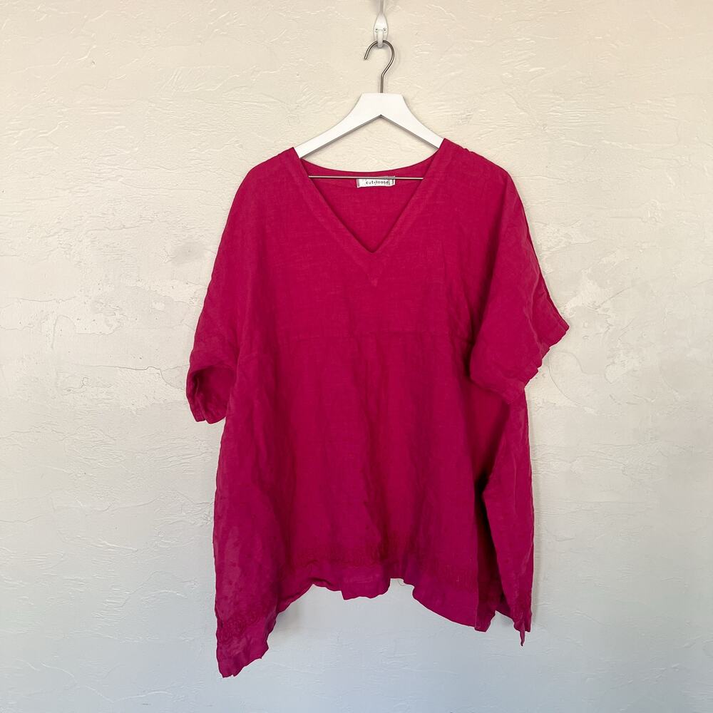 Cut Loose Pink 100% Linen Tunic Top L/XL Lagenlook Embroidered Art to Wear